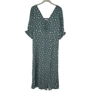 Abercrombie & Fitch Ruched V Neck Short Sleeve Sage Polka Dot Midi Dress Sz LT